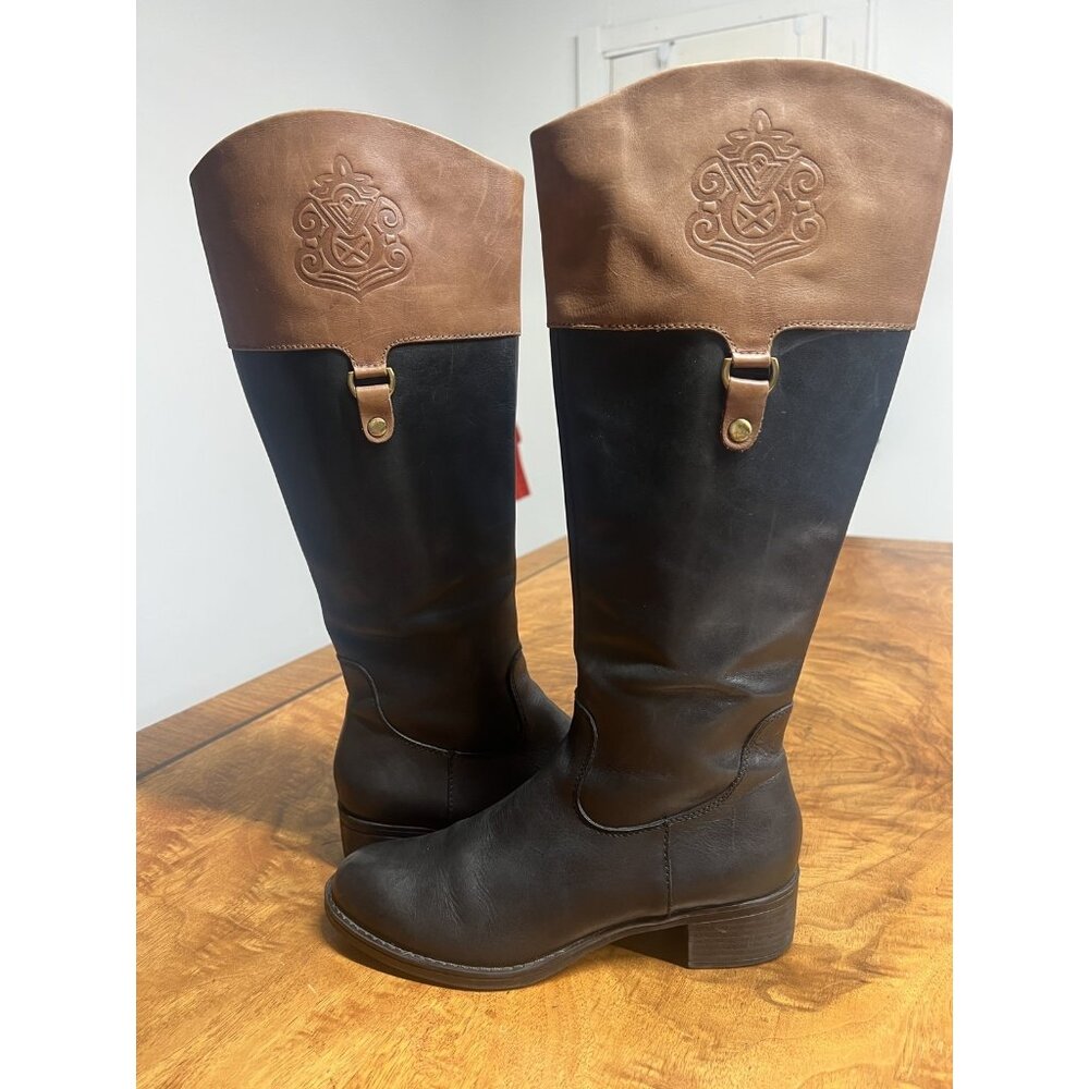 Franco Sarto Women's 8 Black Tan Leather Knee High Boots Riding Boots